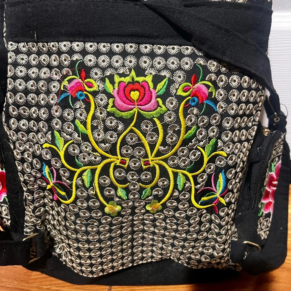 Floral Embroidered Backpack - Black and Red